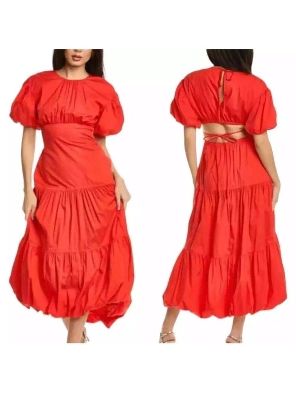 Cinq á Sept Maisey Puffed Sleeve Tiered Open-Back Midi Dress Chili Pepper Sz 6